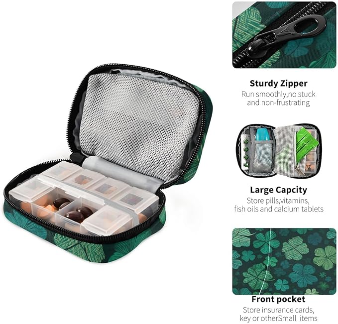 Green Vintage St Patrick's Day Clover Travel Pill Organizer Case Box Container Weekly Portable Vitamin Medicine Holder Storage Bag with Zipper Removable