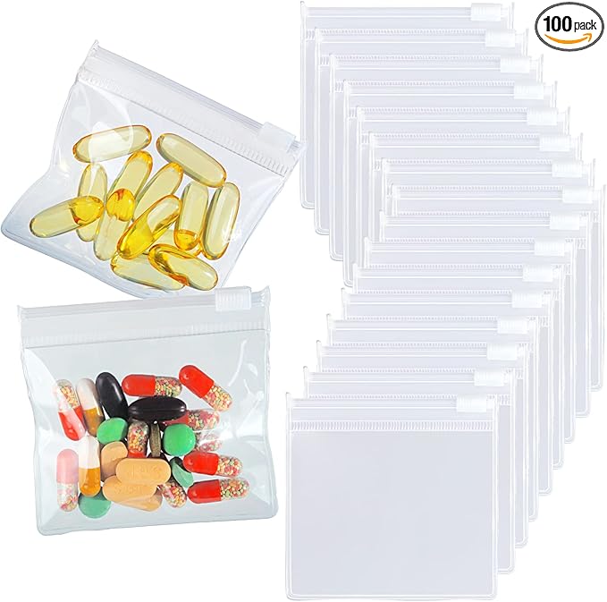 100 Packs Pill Pouch Bags BPA Free 12mil Transparent Small Reusable Zip Bags 3 x 2.75 Inch - Travel Medicine & Jewelry Organizer