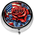 Patrotic Rose American Flag Pill Box 3 Compartment Pill Case, Portable Medicine Pill Organizer for Pocket Purse Pill Box Decorative Metal Medicine Vitamin Organizer