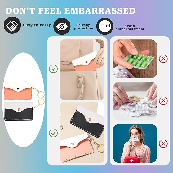 2 Pack Birth Control Pill Case Sleeve Packet PU Leather Wallet Pill Holder Birth Control Case with Snap Closure and Keyring Contraceptive Medicine Holder for Travel Bag Backpack, Black + Pink