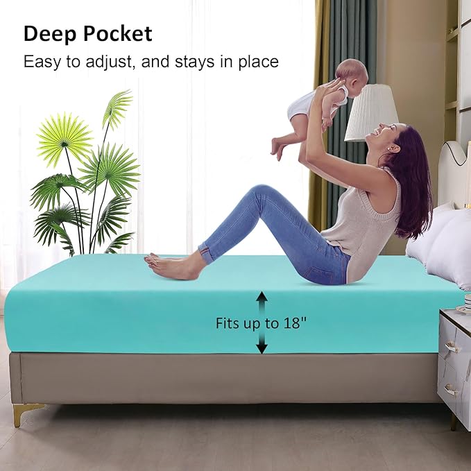 Twin Mattress Protector Waterproof, Fitted Sheet Style Breathable Mattress Cover with Deep Pocket Fits Up to 18'', Noiseless Bed Cover for Kids Adults Pets, Machine Washable (Cyan, 39'' X 75'')