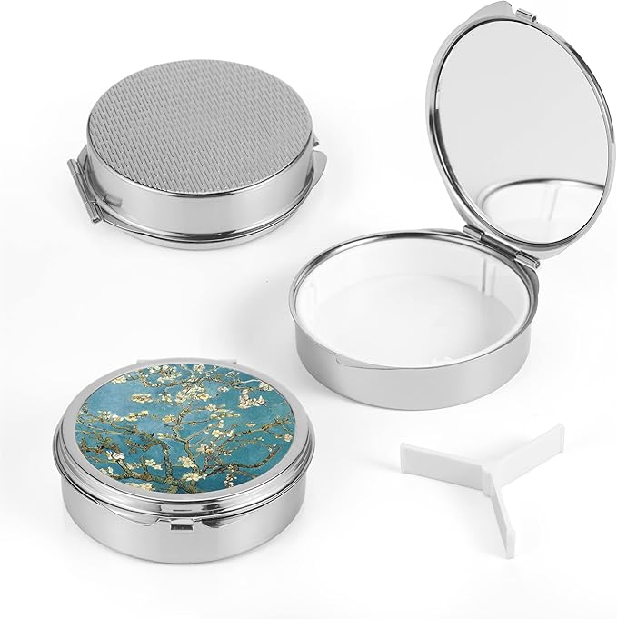 Dynippy Pill Case Pill Box with Mirror Pocket 3 Compartment Medicine Case Vitamin Pill Organizer for Pocket Purse and Travel (Round, Silver-Almond Blossom)