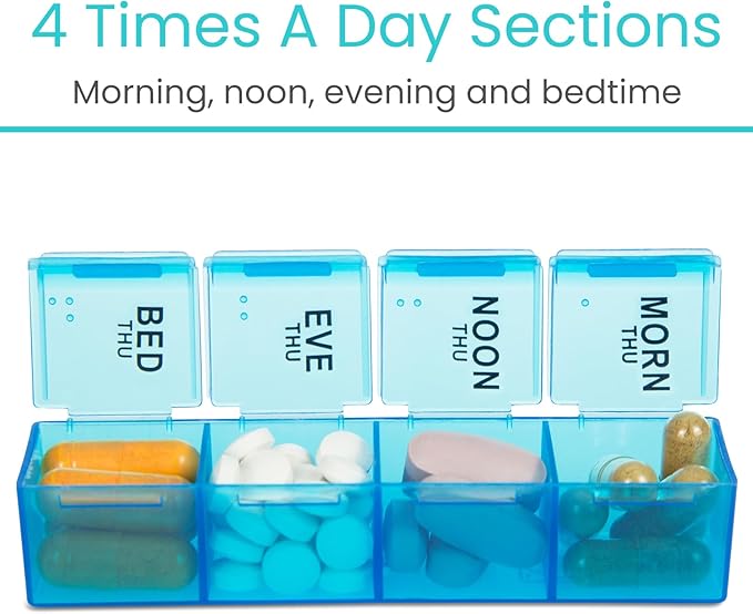 Vive Weekly Pill Organizer 4 Times a Day - 7 Days Pill Boxes for Morning, Noon, Evening, Night - Extra Large Medicine, Vitamin & Supplement Dispenser with Premium Leather Case