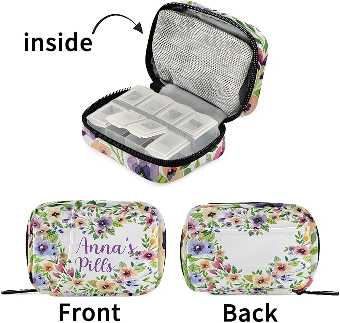 Custom Pill Box 7 Day Pill Case Bag Watercolor Spring Flowers Personalized Name Travel Pill Organizer Bag with Zipper Portable Weekly Case Compact Size for Vitamin Supplement Holder