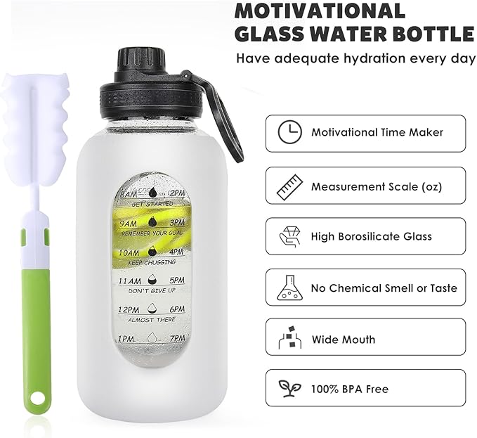 40oz Glass Water Bottle with Handle Lid Time Marker Motivational Sport Water Jug with Silicone Sleeve Water Flask Canteen Wide Mouth Water Bottle for Gym Workout Travel Office Home Everyday Hydration