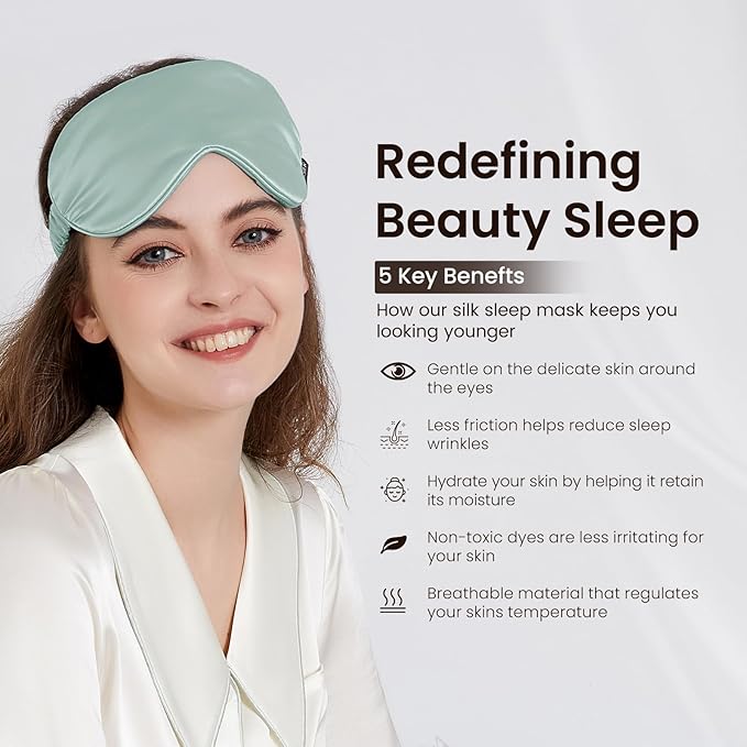 THXSILK Sleep Mask 100% 25 Momme Pure Mulberry Silk Super Smooth Cooling Sleep Eye Mask Blackout for Women/Man/Kids, Eye Cover with Wide Head Strap for Good Night Sleep, Light Blue