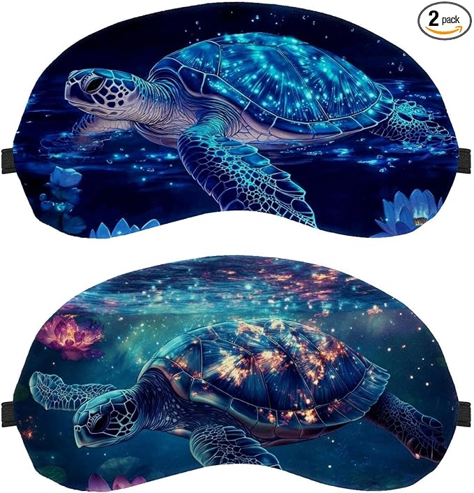 2 Pack Sleep Eye Mask for Women Men, Soft Breathable Eye Cove No Pressure Blackout Night Blindfold for Sleeping Light Blocking with Adjustable Strap, Blue Water Turtle Lotus
