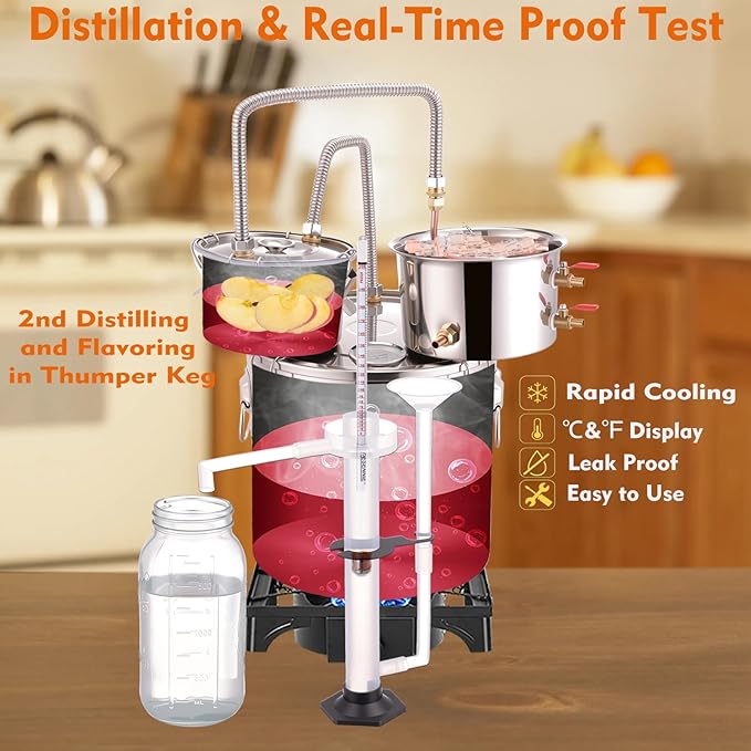 Shine Still 8 GAL 3 Pots Distillery Kit Stainless Steel Copper Tube Complete with Thumper Water Pump Metal Thermometer Airlock Brew Bag Proof Parrot Alcoholmeter Test Kit for Whiskey, Brandy etc.