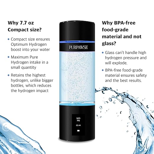 Portable Hydrogen Water Bottle Generator, Up to 6000 PPB with SPE/PEM Technology Hydration Hydrogenated Water Bottle, Athletic, Rechargeable H2 Generator, Long Lasting Battery