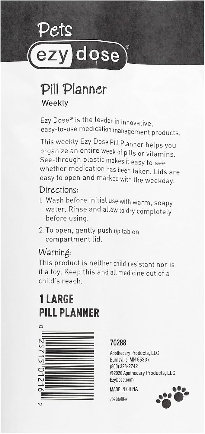 EZY DOSE Pets Weekly (7-Day) Pill Case, Medicine Planner, Vitamin Organizer Box for Dogs, Convenient and Easy to Use, Large Compartments, Convenient for Treats, Blue Lids, Made in The USA, BPA Free