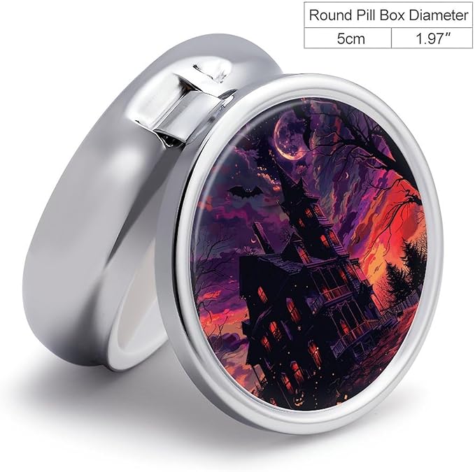 Black Haunted House Pill Box Travel Pill Case for Purse Pocket Weekly Medicine Organizer with Mirror 3 Compartment Round Medicine Case Portable PillcaseHolder for Daily