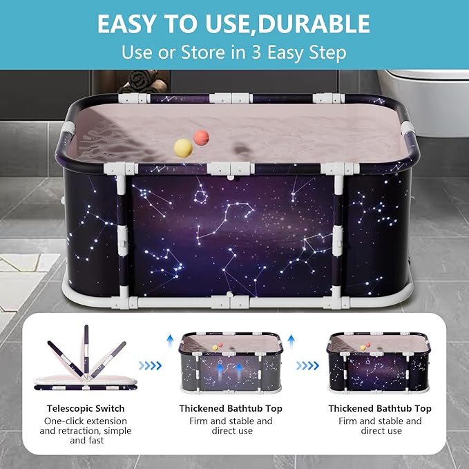 Simcat 45" Large Portable Foldable Bathtub Adult, Separate Family-Friendly SPA Therapy Tub Soaking, Hot SPA/Ice Bath Tub (Starry sky)