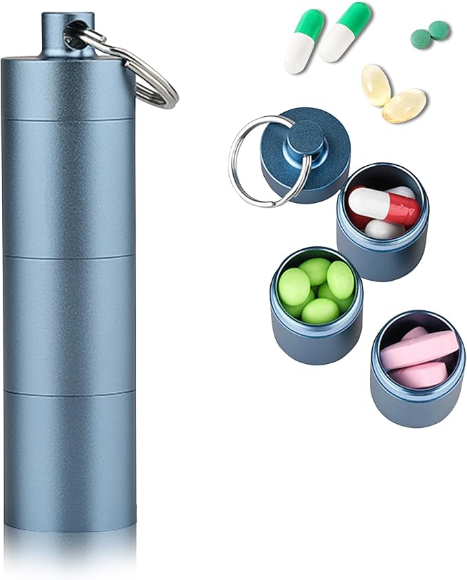 Pill Box Keychain, Aluminum Alloy, Waterproof Compact Pill Organizer for Emergency Pills & Vitamins, Portable Keyring Necklace Holder, Travel Hiking Essentials, 3 Compartments, Blue