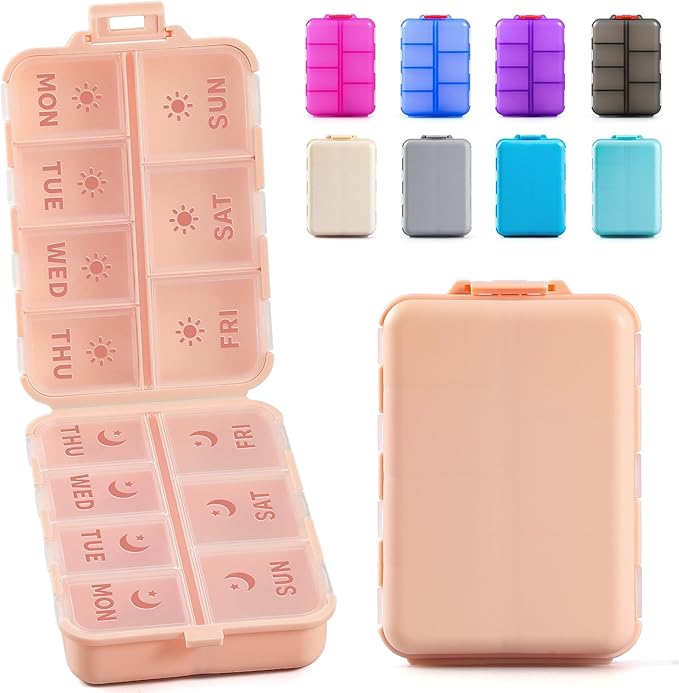 New Foldable & Double Protection Portable Weekly Pill Organizer 2 Times A Day with Etched Labels, AM PM 7 Day Week Medicine Box, Daily Travel Pill Case Holder Dispenser for Vitamin, Supplement - Pink