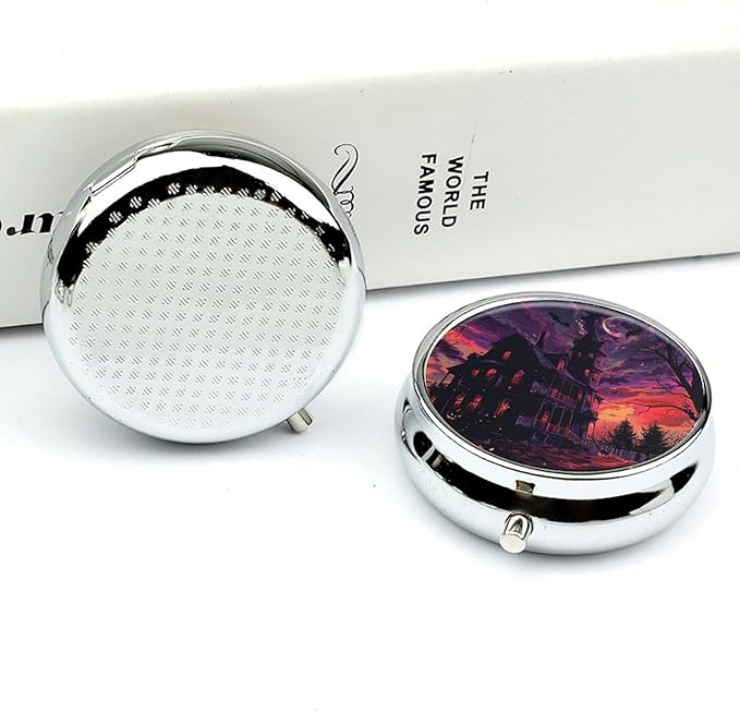 Black Haunted House Pill Box Travel Pill Case for Purse Pocket Weekly Medicine Organizer with Mirror 3 Compartment Round Medicine Case Portable PillcaseHolder for Daily