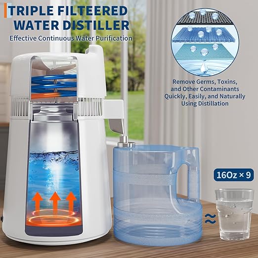 6L Water Distiller,Household Stainless Steel Distilled Water Purifier,Countertop Distilled Water Maker,6Litre Distilled Water Machine for Home.White Plastic Jug.