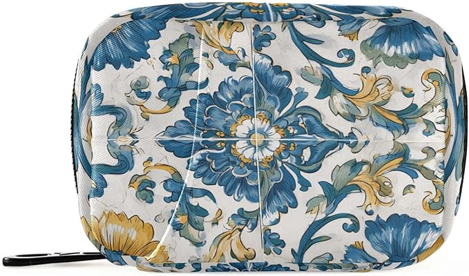 Floral Blue and Yellow Tile Travel Pill Organizer Case Box Container Weekly Portable Vitamin Medicine Holder Storage Bag with Zipper Removable
