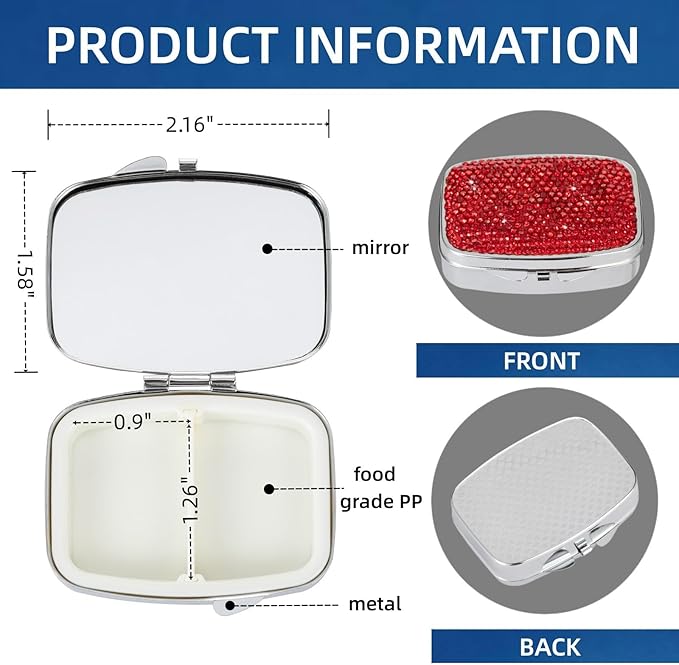 Pocket Pharmacy Bling 2 Compartment Medicine Organizer Small Cute Pill Container Travel Pill Box Case for Purse Square Vitamin Holder for Pocket(Red)