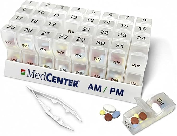 MedCenter AM/PM Pill Organizer HSA/FSA – 31 Day Monthly Pill Box with 2 Daily Compartments (AM & PM), Easy-Open Lids, Bonus Pill Box & Tweezers – Medication Organizer for Vitamins & Prescriptions