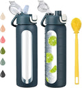 24 oz Glass Water Bottles with 2 Lids-Handle Spout Lid & Straw Lid, Motivational Water Bottle with Time Marker and Silicone Sleeve,Leakproof-Dark Blue-1 Pack