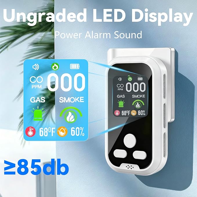 6-in-1 Carbon Monoxide Detector Combo with LCD Display, Detects CO, Natural Gas, Smoke, Temperature, Humidity for Home Hotel, Camping RV, Apartment Safety, White
