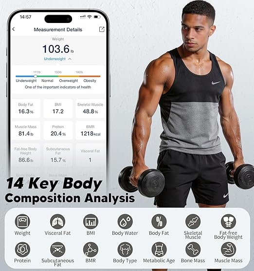 GE Smart Body Weight Scale, with 8-in-1 Display for BMI Body Fat Muscle Mass, Digital Bathroom Bluetooth Scale, 14 Composition Analyzer for Health Monitoring, 11.8", Accurate 400lb Weighing, White