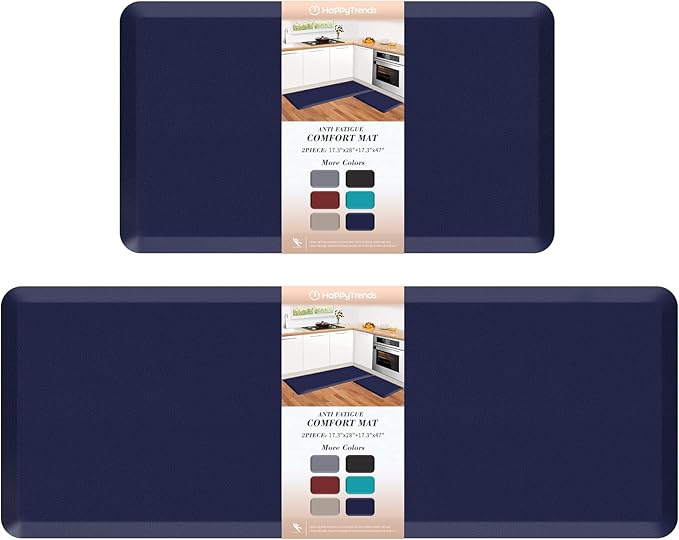 HappyTrends 2 PCS Kitchen Mat Cushioned Anti-Fatigue Floor Mat, Heavy Duty Ergonomic Comfort Foam Standing Mat, Waterproof Non-Slip Kitchen Rugs for Home, Office(17.3"x28"+17.3"x47",Navy)