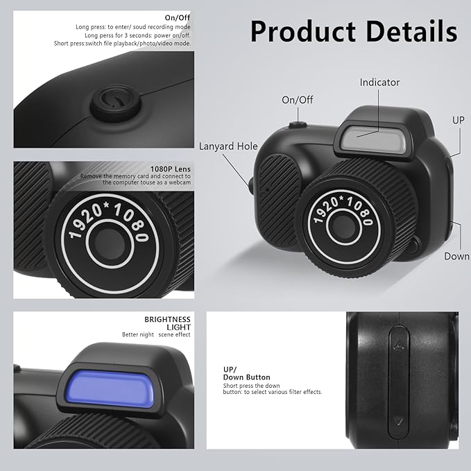 Mini Keychain Camera, FHD 1080p 8MP Cute Mini Digital Camera with 32GB SD Card, 8 Creative Filters, 0.96" HD Display, 100 Mins Battery Life for Decorate Travel Recording Gifts (Retro, Black)
