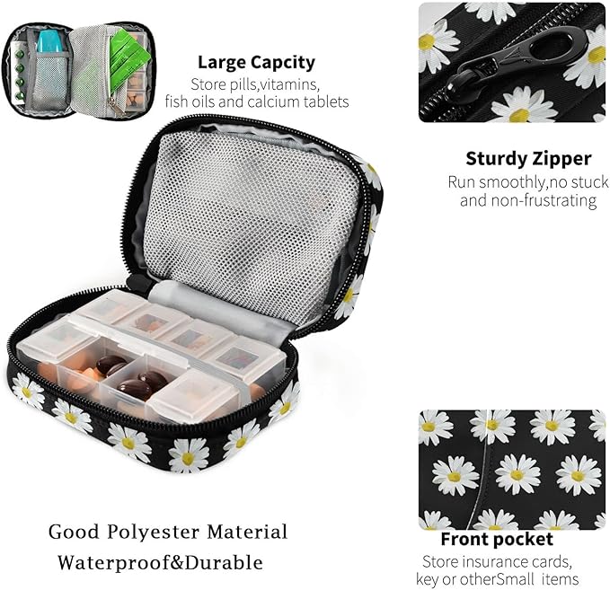 Fustylead White Daisy Travel Pill Organizer Bag with Zipper Small Pill Box 7 Day Pill Case for Purse Storage Weekly Vitamin Medicine Supplement