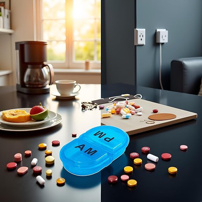 Blue Daily Pill Box AM/PM Pill Organizer,Portable Travel Pill Case,Vitamin Case, Medicine Container,Pocket Size Small Case Holder for Vitamin Supplement,Jewelry Storage Medication Aids