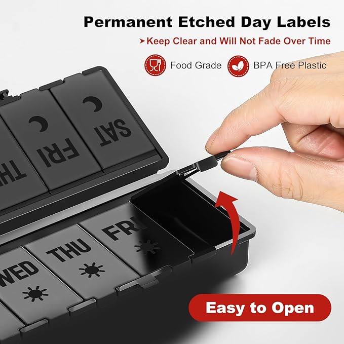 Foldable Pill Organizer 2 Times a Day w/Etched Labels -Dual Protection & Portable Weekly AM PM Pill Box, 7 Day Medicine Container, Large Travel Pill Case for Week Daily Supplement Vitamin - All Black