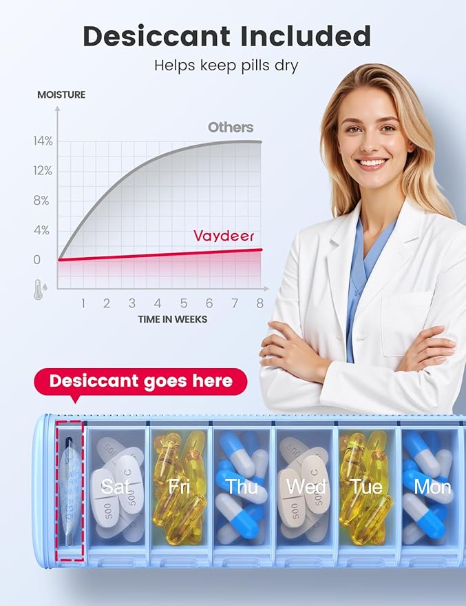 Vaydeer Metal Travel Pill Organizer – Compact Weekly Pill Box for Daily Medication – Portable Small Pill Case for Vitamins, Pills & Supplements (Black)