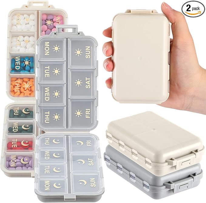 2 Pack Foldable Weekly Pill Organizer 2 Times a Day Week with Etched Labels Portable Am Pm 7 Day Medicine Box Kit Daily Travel Pill Case Dispenser for Vitamin Fish Oil Supplement Storage