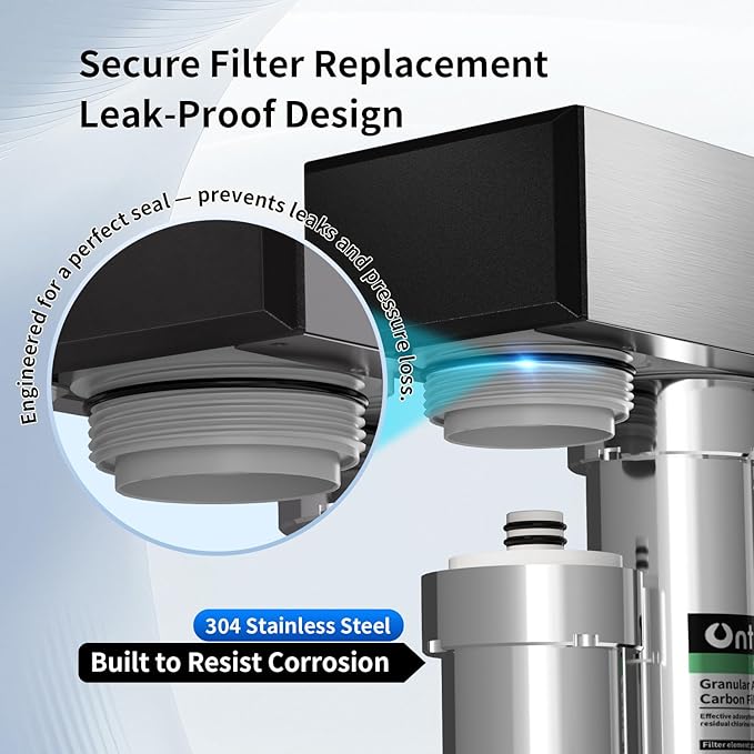 Ontulor S2OP-U1 Ultra Filtration Under Sink Water Filter System - 0.01 Micron Stainless Steel Tankless Filtration System w/Pressure Gauge & Filter Life Indicator, Reduces Chlorine, Taste and Odor