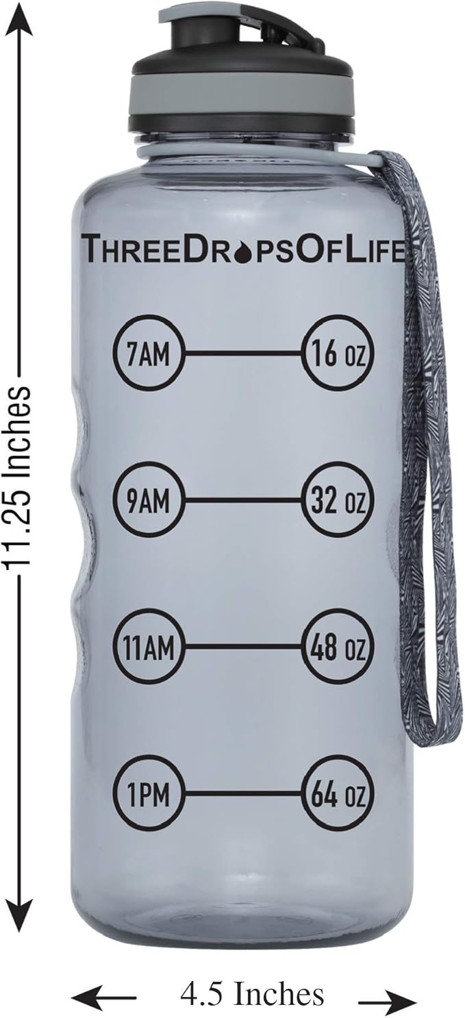 Three Drops of Life 64oz Tritan Plastic Water Bottle, Large, Smoke Gray, High Capacity Hydration Tracker, BPA Free, Reusable, Best for Indoor, Outdoor, Sports Use