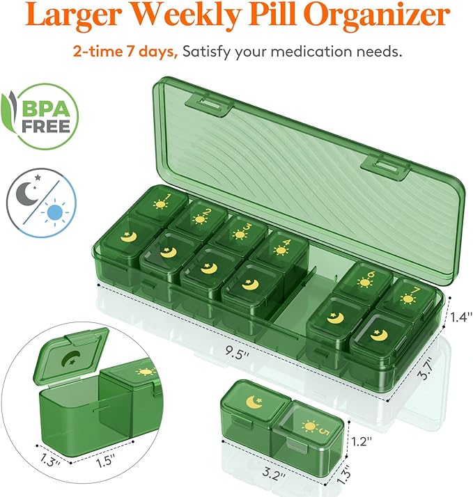 Lifewit Weekly Pill Organizer 2 Times a Day, Portable Travel 7 Day Lightproof Pill Box for Medicines/Vitamin/Fish Oils, Daily Pill Case, Green
