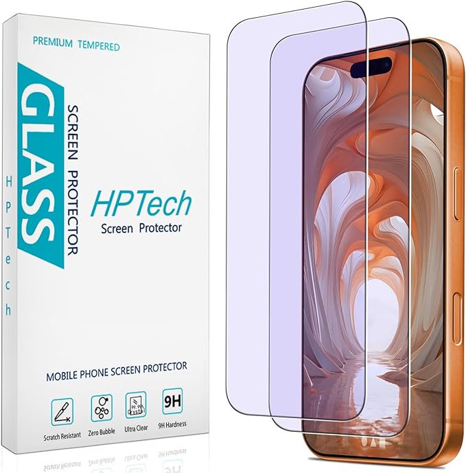 HPTech 2 Pack Anti Blue Light Screen Protector for iPhone 17 Pro Max 6.9 Inch Eye Protection Tempered Glass Film, Easy to Install, Bubble Free