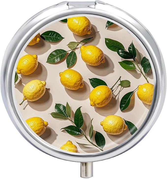 Lemon Pattern Pill Box Travel Pill Case for Purse Pocket Weekly Medicine Organizer with Mirror 3 Compartment Round Medicine Case Portable PillcaseHolder for Daily