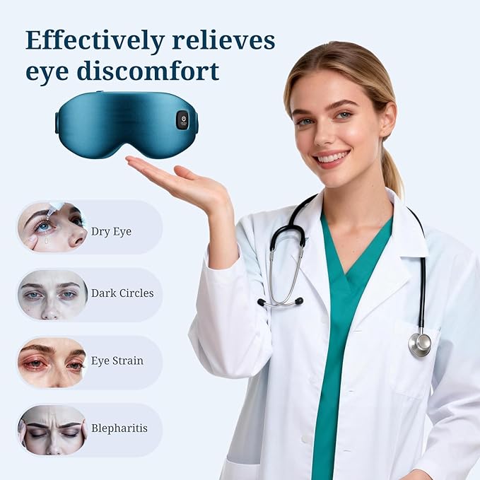 100% Silk Wireless Heated Eye Mask with Cooling - 3 Heat Settings, for Dry Eyes, Puffiness & Dark Circles - Adjustable, Washable, Travel-Friendly (Blue)