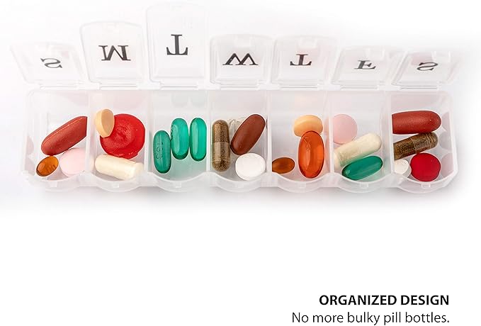 Deke Home - Weekly Pill Organizer (2 Pack), 7 Day Pill Box with Large Compartments & Snap-Shut Lids, Easy Open, BPA Free Plastic Medicine Organizer for Pills, Vitamins & Supplements, Travel Friendly