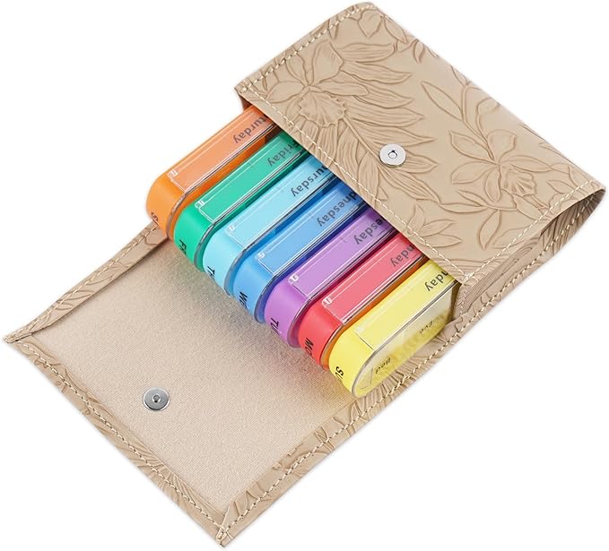 Pill Organizer,LIZIMANDU Weekly Travel Pill Case Box Medication Reminder Daily AM PM, Day Night 7 Compartments,for 4 Times A Day, 7 Days a Week-Includes Leather PU Carrying Case(1-Carved Apricot