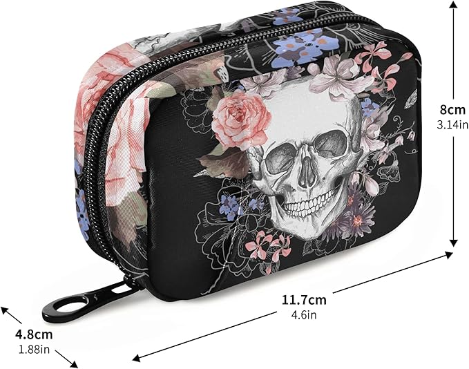 Naanle Watercolor Flower Skull Pill Box 7 Day Pill Case Travel Pill Organizer Bag with Zipper Portable Weekly Case Compact Size for Vitamin Supplement Holder