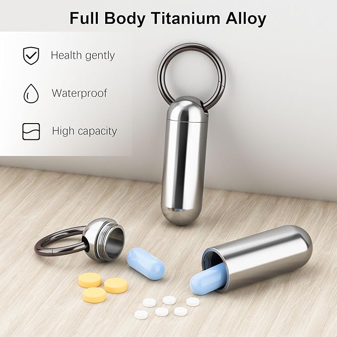 Tiny Portable Titanium Keychain Pill Case - Waterproof, Pocket Pill Organizer With 1 Compartment, Travel Bottle