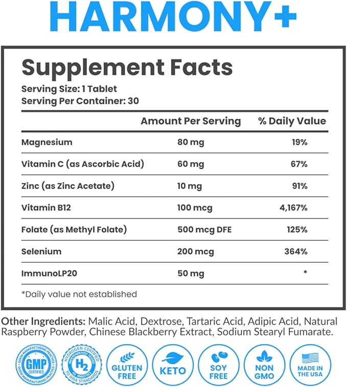 DRINK HRW Harmony+ Advanced Molecular Hydrogen Water + Immune Support: Up to 3X More Active Hydrogen, ImmunoLP20 Postbiotics, Plus VIT C, Zinc, B12 for Immune and Cellular Health (Raspberry, 30 count)