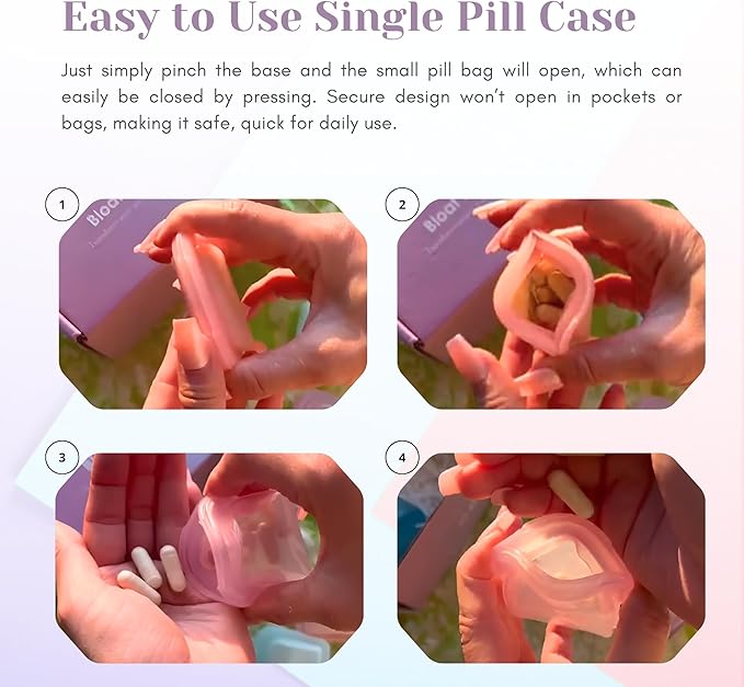 Small Pill Boxes – 3 Pack Mini Pill Case Set, Reusable Silicone Pill Bags for Travel, Portable Vitamin Case & Medicine Travel Organizer – Pill Box for Purse (Pink, Purple, Blue)
