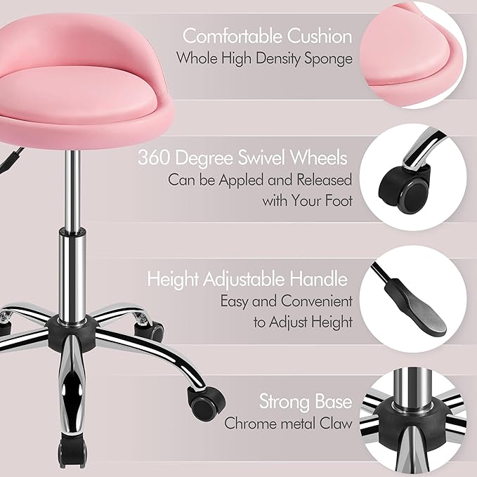 Yaheetech Height Adjustable Rolling Swivel Salon Stool Chair with Backrest Wheels for Tattoo Massage Facial Spa Manicure Dentist Clinic,Pink