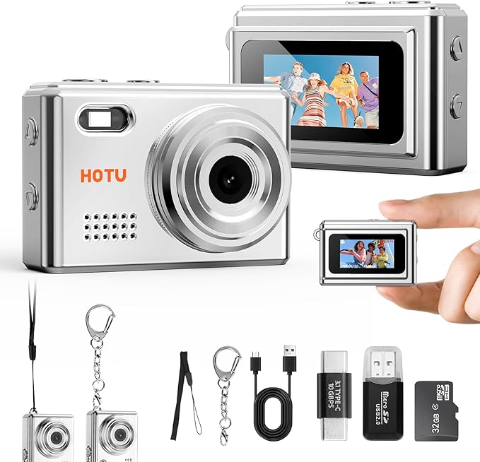 Mini Keychain Digital Camera, Y2K Pocket-Size Mini Camera, 2MP 1080P SmallCamera with 32GB Card, Video Recorder with Long Battery Life for Travel, Party and Vlog (Silver)