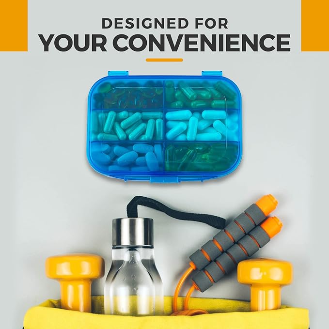 Pill Organizer Case - (Pack of 2) Portable 6 Compartment Daily Travel Medicine Reminder Box for Your Pills, Medications, Supplements, Vitamins and Fish Oils, Blue