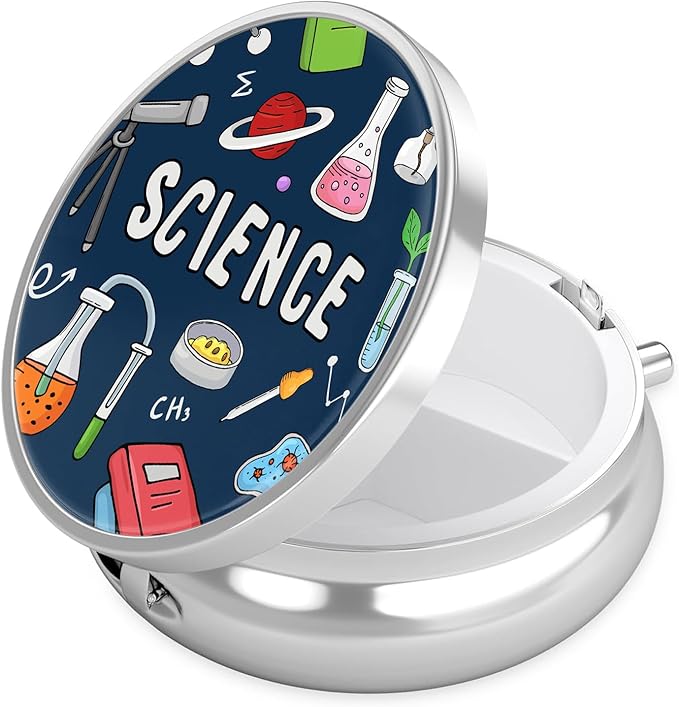 Blue Science Pill Case, Pill Box 3 Compartments Metal Small Pill Holder with Mirror Mini Travel Pill Container for Purse Pocket Women Men