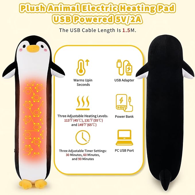 Penguin Heating Pad-USB Heated Plush Stuffed Animals for Period Cramps and Menstrual Pain Relief,20” Portable Electric Heating Pad,Built-Pocket Plushies for Women Girls Birthday Gifts